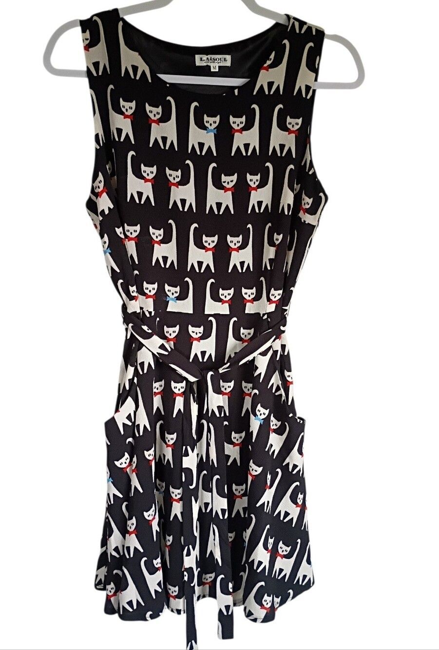 La Soul Retro Atomic Cat Print Belted Dress Medium Black Y2k Vintage Inspired